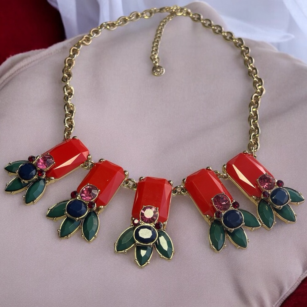 Talbots Multicolor Lucite and Rhinestone Gold Tone Bib Necklace